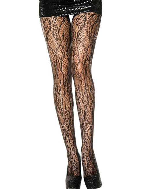 Collant nylon fantaisie noir ajouré résille florale - MH5067BLK