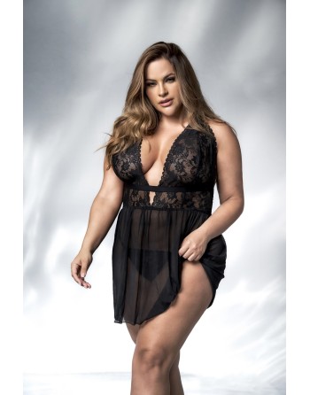 Nuisette avec large décollectée, grande taille, en dentelle et résille noire et string - MAL7500XBLK