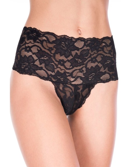 Tanga string noir grande taille large bande haute de dentelle florale - ML10021XBLK