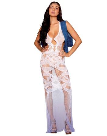 Robe bodystocking blanche sans couture avec motif de dentelle personnalisé et motifs en résille - DG0491WHT