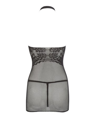 Petite robe en résille noire, sans couture, avec dentelle sur la poitrine. String assorti - R27167551101