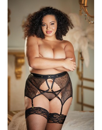 Porte jarretelles grande taille en dentelle noir et string CHARISSA - 12-7012XB