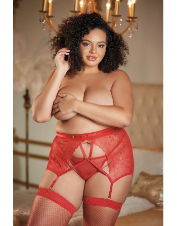 Porte jarretelles grande taille en dentelle rouge et string CHARISSA - 12-7012XR