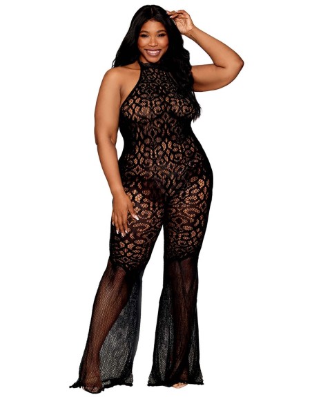 bodystocking en dentelle au crochet sans couture, grande taille, résille noire - DG0468XBLK