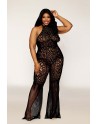 bodystocking en dentelle au crochet sans couture, grande taille, résille noire - DG0468XBLK