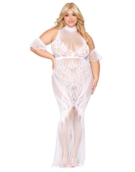 Robe bodystocking, grande taille, en résille t dentelle blanche - DG0490XWHT