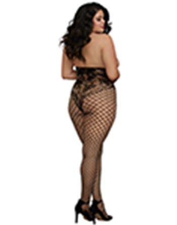 Combinaison grande taille style body dentelle et jambes larges résilles - DG0268XBLK