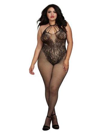 Bodystocking Grande taille résille dans un style Body avec magnifique décolleté à lanières - DG0326XBLK