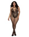 Bodystocking Grande taille résille dans un style Body avec magnifique décolleté à lanières - DG0326XBLK