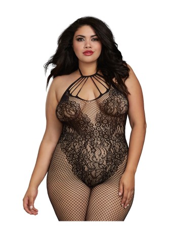 Bodystocking Grande taille résille dans un style Body avec magnifique décolleté à lanières - DG0326XBLK